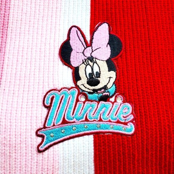 Disney Girls Minnie Mouse Embroidered Stripped Red And Pink Scarf With Fringe - Picture 6 of 6
